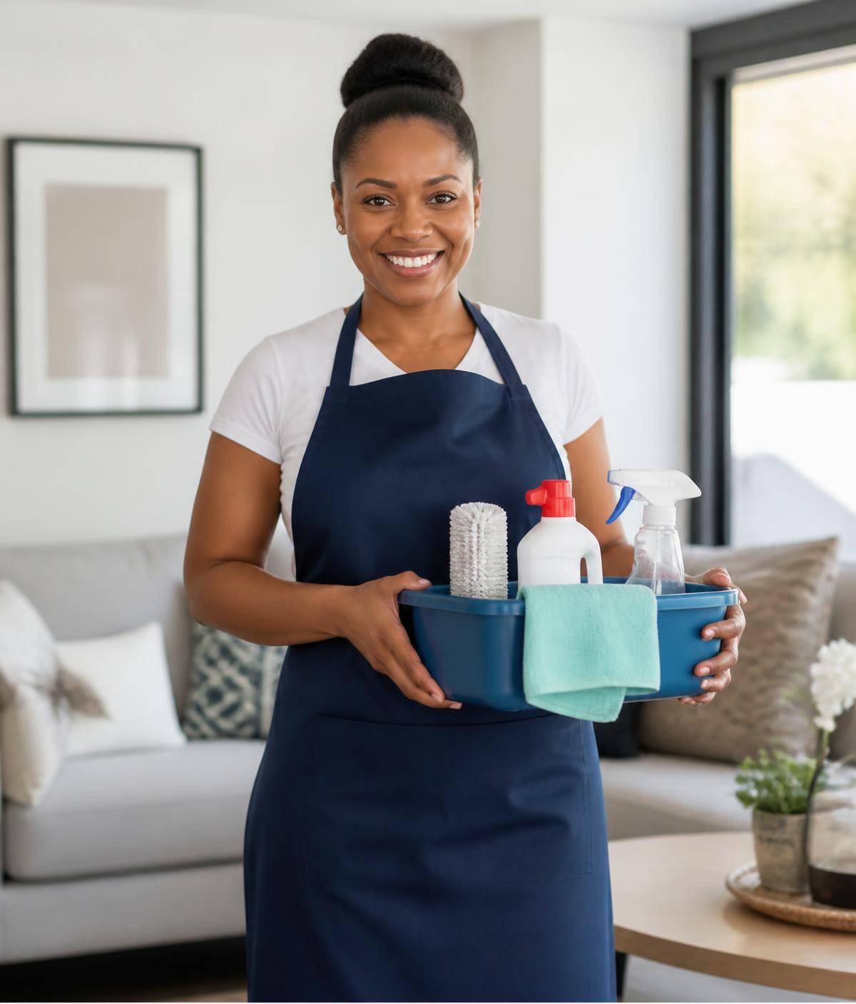 A professional Mizo Hygiene Services cleaner in a navy apron ready to start work