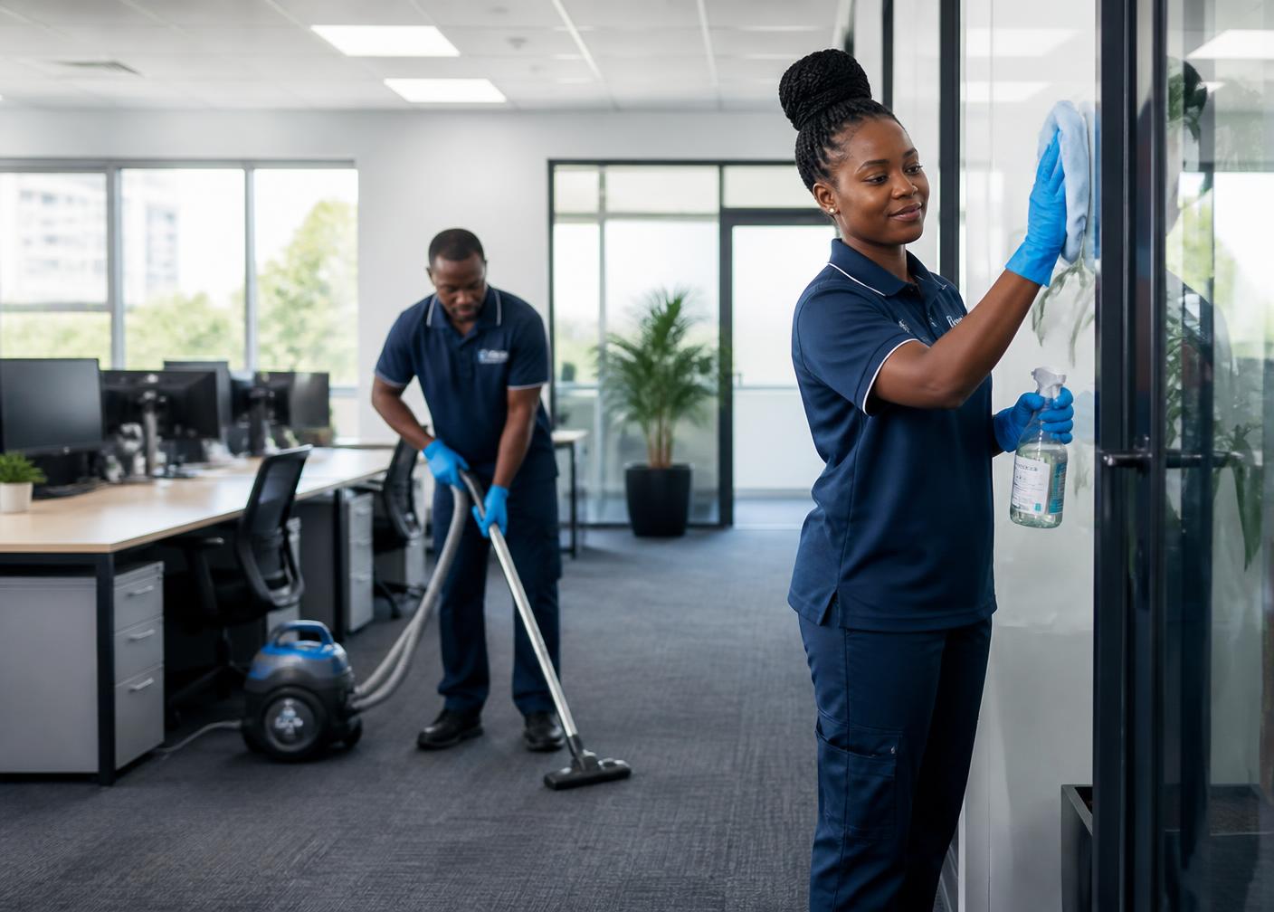 A Mizo Hygiene Services team deep cleaning a modern office interior